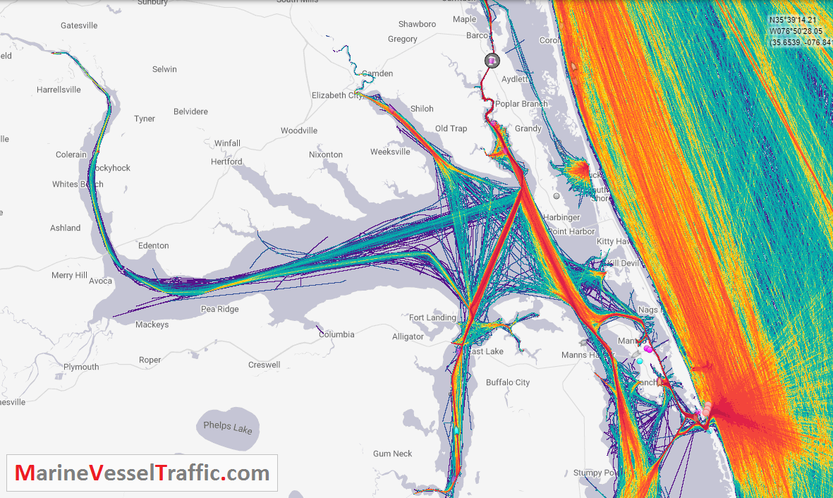Live Marine Traffic, Density Map and Current Position of ships in ALBEMARLE SOUND
